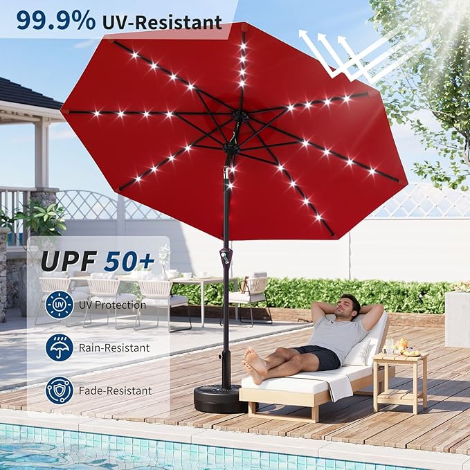 Garvee 9/10 FT Solar Patio Umbrella with 32 LED Lights - Outdoor Table Umbrella with Crank Lift, Push Button Tilt and 8 Sturdy Ribs - Market Umbrella UV Protection for Pool, Deck, Yard, Garden
