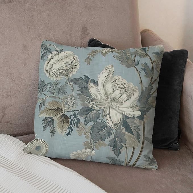 Spa On Flax Blue Chinoiserie Throw Pillow Covers Grey Peony Asian Cushion Cases 24x24 INRetro Accent Farmhouse Decor Pillow for Couch Sofa Patio