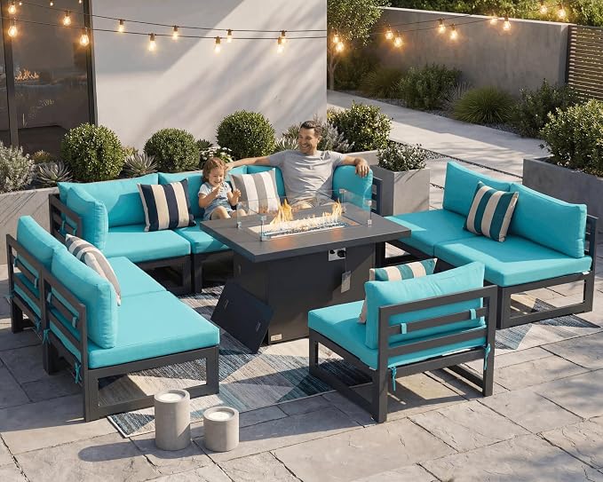 NICESOUL 9 Piece Modern Aluminum Patio Furniture Set with Fire Pit Table, 500 lbs Heavy Duty Outdoor Sectional Sofa, 29" Deep Wide Oversized Seating L Shaped Conversation Couch for Garden, Turquoise