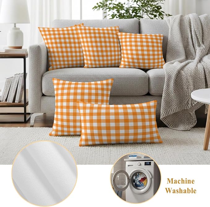 Orange Checks Outdoor Pillow Covers 26"x26" Set of 2, White Gingham Plaid Abstract Modern Summer Waterproof Throw Pillow Covers for Patio Furniture, Decorative Cushion Covers for Porch
