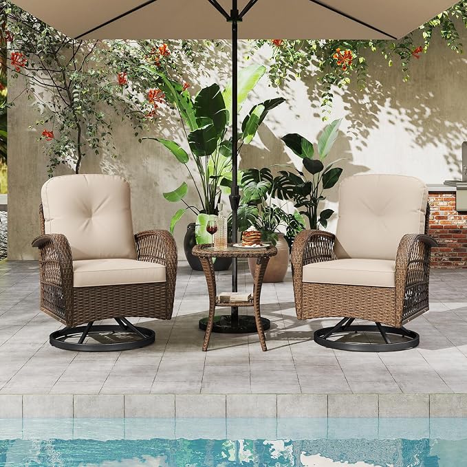 HAPPYGRILL 3 Pieces Outdoor Rattan Swivel Rocker Chairs Set with Tempered Glass Side Table, Outside Sectional Patio Conversation Furniture Set with Swivel Rocking Chairs for Deck Porch Garden (Beige)