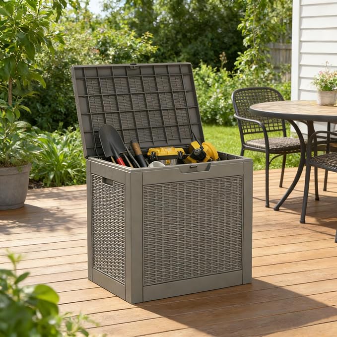Outdoor Storage Box, 30 Gallon Resin Deck Boxes Outdoor Waterproof For Patio Furniture, Garden Tools, Pool Supplies, Lockable And UV Resistant (Rattan Gray)