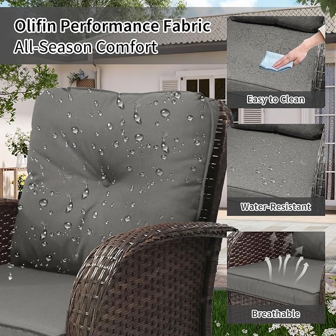 SHGJ&SOFT 3 Piece Patio Furniture Set, 2 Outdoor Swivel Rocking Chairs with Side Table, Wicker Glider Chairs, All-Weather Rattan Bistro Set for Porch, Deck, Pool (Grey, Brown Full-Weave Rattan)