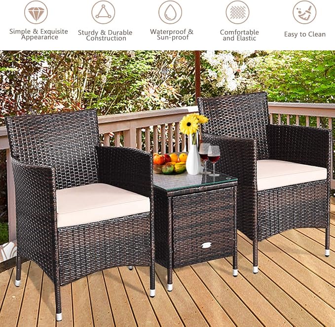 HAPPYGRILL 3 Piece Patio Set Wicker Rattan Furniture Set Outdoor Rattan Conversation Set with Coffee Table Chairs & Thick Cushions Bistro Sets for Patio Garden Lawn Backyard Pool