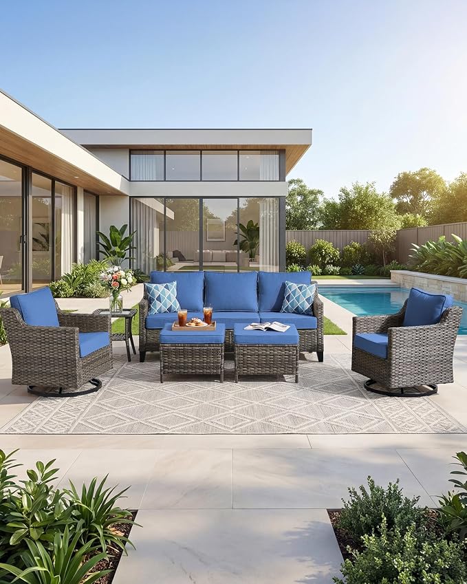 Outdoor Furniture Set of 6, Patio Chairs with Luxury 4" Cushion, Wicker Swivel Rocker Patio Chairs, and Side Table, High Back&Deep Seat for Garden Deck Porch Balcony Backyard - Blue
