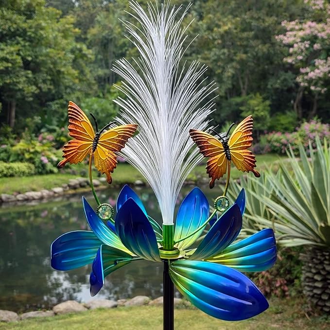 Solar Wind Spinner Outdoor, 49" Lotus Flower & Butterfly Metal Wind Spinner with Color-Changing Fiber Optic Solar Lights, Kinetic Garden Windmill Yard Art for Lawn Patio Pathway Decor