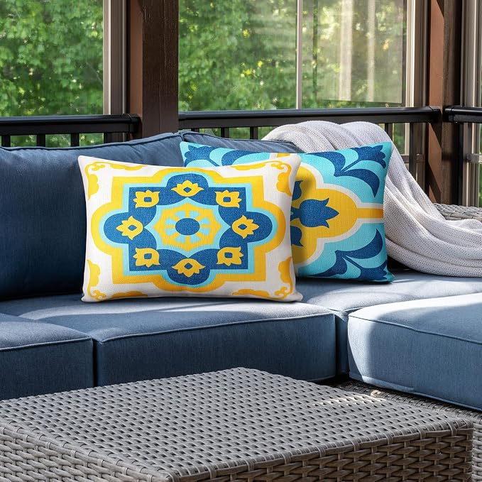 Juexica 2 Pack Chaise Lounge Pillow with Strap Outdoor Waterproof Beach Chair Neck Headrest Pillow Adjustable Elastic Band for Hammock Lumbar Recliner Pillows for Patio Pool Chair(Boho Blue Flower)