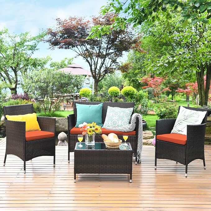 4 Pieces Patio Sofa Set, Wicker Conversation Set with Ergonomic Curved Backrest, Patio Rattan Furniture Set with Water-Resistant Cushion & Tempered Glass Table for Balcony, Porch (Orange)