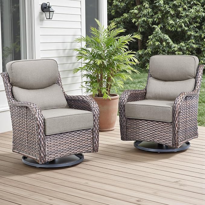 Rilyson Outdoor Swivel Rocker Chairs - All Weather Resistant Wicker Patio Furniture Set of 2 with High Back and 6 inch Thick Cushions for Deck Porch Yard and Poolside, Brown/Beige