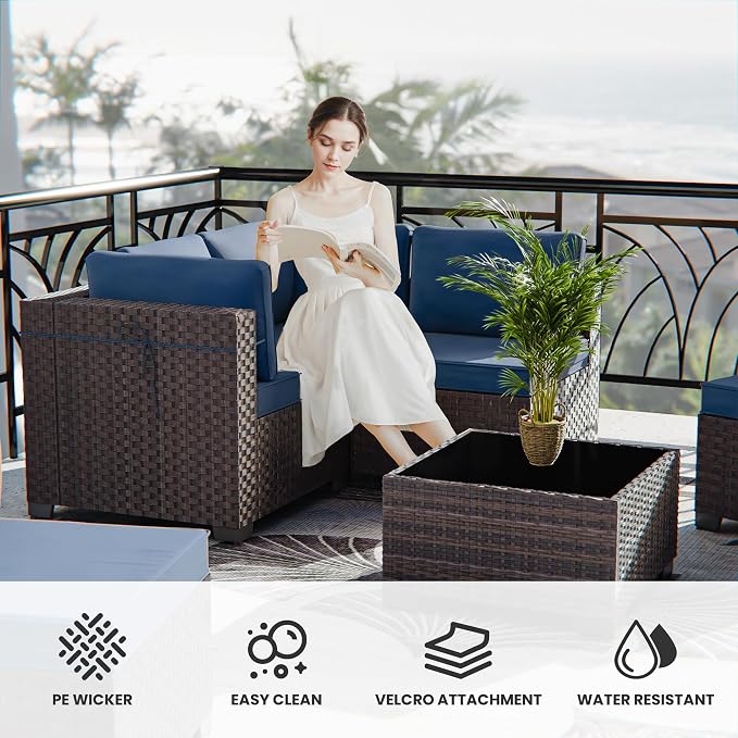 9 Pieces Outdoor Patio Furniture Set,Outdoor Sectional Furniture All Weather PE Rattan Wicker Patio Conversation Set with Coffee Table and 8 Thickened Cushions,Navy Blue