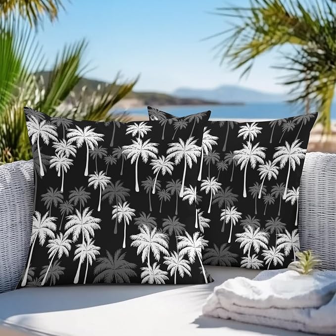 Throw Pillow Covers 16x16 Inch Set of 2, Tropical Palm Tree Waterproof Outdoor Pillow Covers, Black White Plants Coastal Leaf Beach Decorative Cushion Pillowcases for Couch, Sofa, Bed, Garden, Patio
