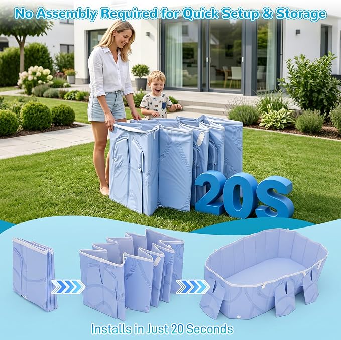 Foldable Pool with Canopy,Large Portable Pool for Adult,Thickened Collapsible Folding Pool for Backyard,85×50×22 in,20 Seconds Installation&Titanium Silver Canopy,Feels-Like Temp 50°F – 64.4°F,Blue