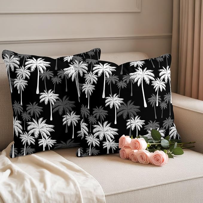 Throw Pillow Covers 16x16 Inch Set of 2, Tropical Palm Tree Waterproof Outdoor Pillow Covers, Black White Plants Coastal Leaf Beach Decorative Cushion Pillowcases for Couch, Sofa, Bed, Garden, Patio