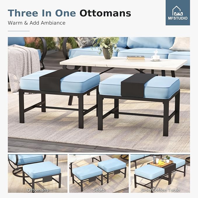 MFSTUDIO 6 Pieces Metal Patio Furniture Sets, 2 Swivel Chair, 1 Deep Seating 3-Seat Sofa, 2 Ottoman & 1 Marbling Coffee Table, All Weather 7 Seats Outdoor Conversation Set for Garden Backyard, Blue
