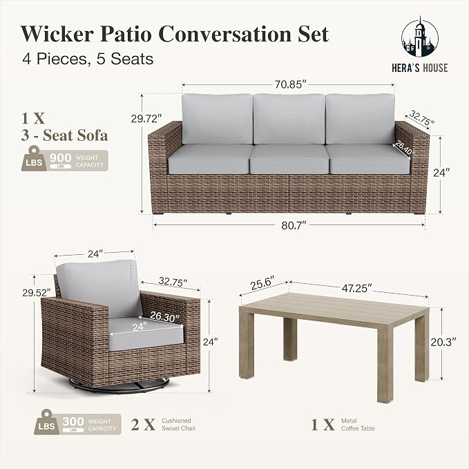 HERA'S HOUSE Patio Furniture Conversation Set, Outdoor Swivel Glide Wicker Chairs with 4.92" Widened Armrest, 4 Pieces Deep Seating Yellow Rattan Sofa with 5.5" Gray Cushions for Deck Garden Yard