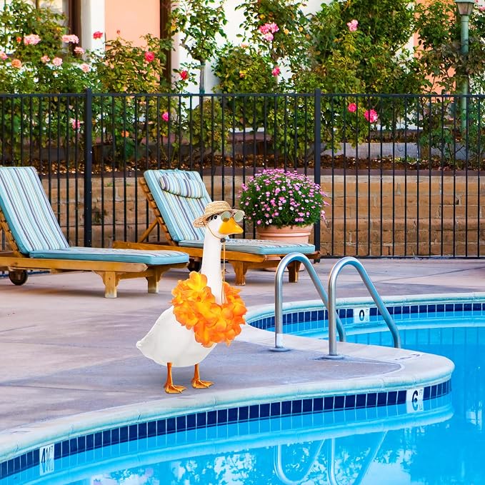 Shyyween Summer Porch Goose Outfits for Plastic Goose 23/17'' Hawaiian Lawn Patio Statue Clothes Straw Hat and Hawaiian Lei Costume(Tropical Orange)