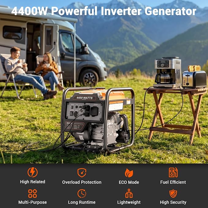 4400 Watts Open Frame Inverter Generator, Gas Powered Portable Generator for Home Backup, RV Ready 30A Outlet, ECO Mode, Quiet Operation, Low Oil Shutoff, Emergency Power, EPA Compliant