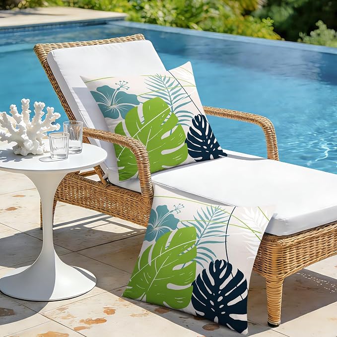OTOSTAR Outdoor Waterproof Throw Pillow Covers 20x20 Inch Set of 2 Double-Sided Light Green Blue Tropical Leaf and Flower Spring Summer Decorative Pillow Cases for Patio Funiture Garden Balcony Couch