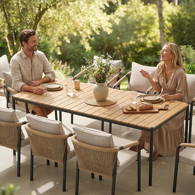 SUNSITT 9 Piece Outdoor Patio Dining Set, Patio Dining Furniture Set with 82.6” Metal Dining Table w/WPC Tabletop and 6 Woven Rope Patio Chairs w/Curved Armrest for Garden, Beige