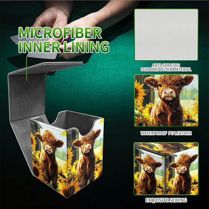 Sunflower Baby Cow Card Deck Box for MTG, Personalized Card Storage Case Fits 120+ Sleeved Cards, Premium Leather TCG Box with Strong Magnetic Closure for Magic, CCG, PTCG, Baseball Cards