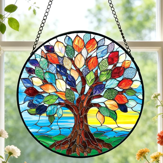Tree of Life Stained Glass Suncatcher Window Hanging Birthday Gifts | 6.3in Garden Sun Catcher, Colorful Tree Art Sunrise Ornament for Door Home, Gift for Women Men & Mother's Day Christmas