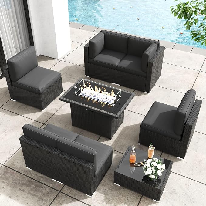Patio Furniture Set with Fire Pit Table, 8 Pieces Outdoor All-Weather Wicker Conversation Sectional Chair Sofa Set