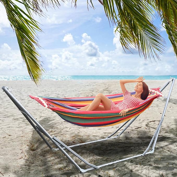 Double Hammock, Portable Hammock with Space Saving Metal Stand and Carrying Bag, Heavy Duty Hammock with Stand for Indoor Outdoor Courtyards Porch Deck Garden, 440 lb Capacity (Red)