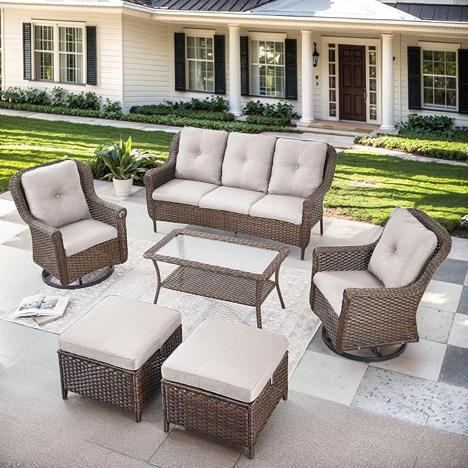 6 Pieces Wicker Patio Conversation Sets-Swivel Patio Chairs with Outdoor Sofa Outdoor Patio Furniture Set for Patio Deck Porch Garden Backyard-Brown/Beige