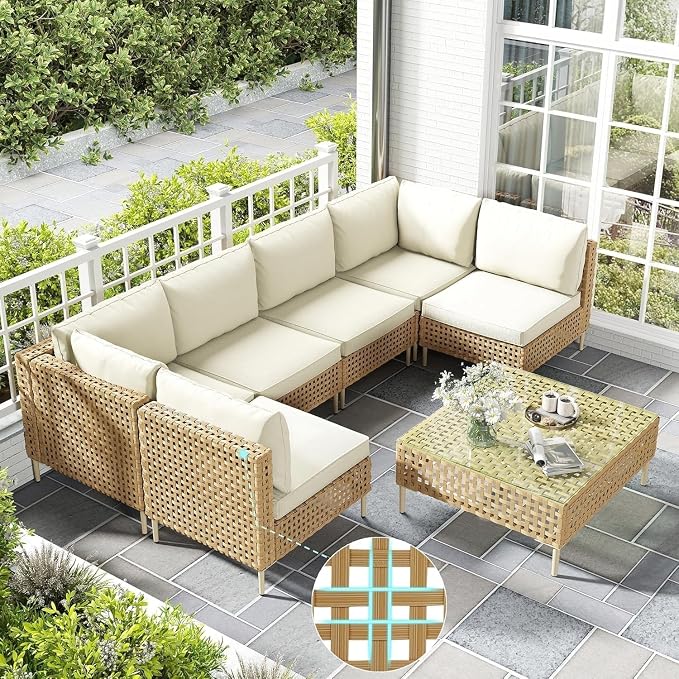 7 Piece Boho Wicker Patio Furniture Set with Fluffy Black Cushions and Coffee Table, Modular Outdoor Couch Conversation Set for Deck, Garden, Backyard, Balcony, All Weather Sectional Lounge Seating(Be