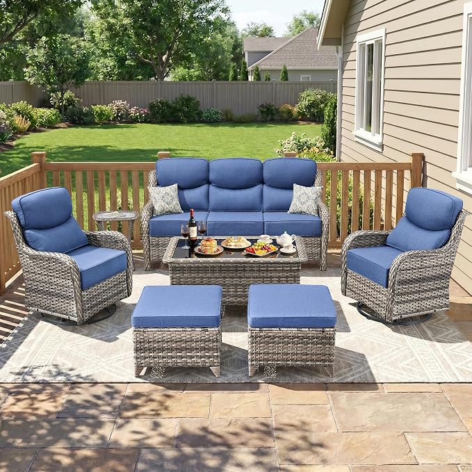 Swivel Patio Chairs sofa Set of 7 - 6" Thick Cushion - Wicker Outdoor Swivel Rocker Patio Chair ,Sofa/Glass coffee table, High Back Comfortable Outdoor Glider Chairs - Grey Wicker | Blue Cushions