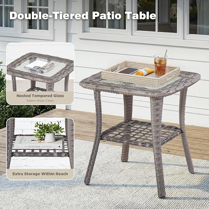 Belord Patio Wicker Swivel Rocker Patio Chairs with Side Table, Outdoor Rattan Chairs for Deck Porch Garden, 6 Piece Luxury Patio Furniture Set, Beige