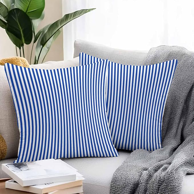 Throw Pillow Covers 16x16 Inch Set of 2, Navy Blue Stripe Waterproof Outdoor Cushion Covers, Modern White Vertical Striped Geometric Decorative Pillowcases for Couch, Sofa, Bed, Garden, Patio