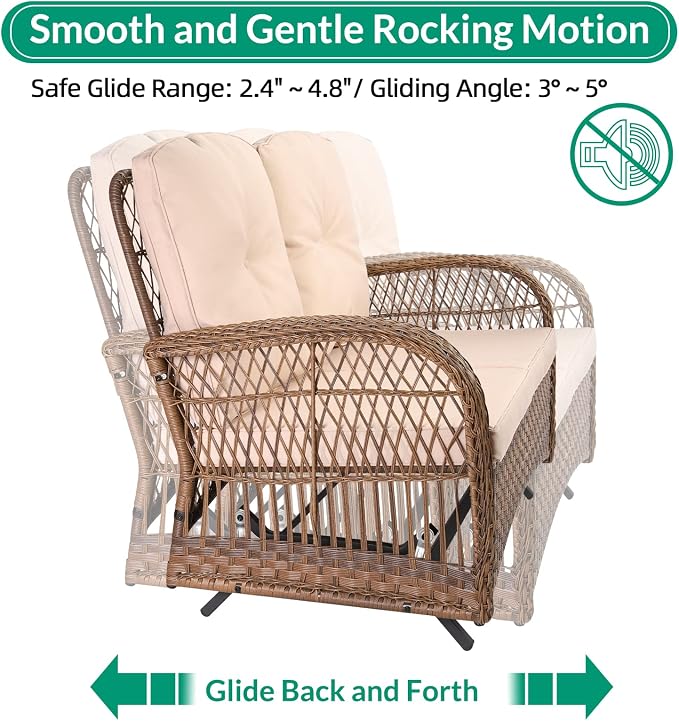 VIVIJASON 5-Piece Outdoor Patio Wicker Conversation Sets, All Weather Outdoor Rattan Furniture Set Includes Glider Loveseat, 2 Coffee Table, 2 Glider Rocker Chairs with Cushions, Light Brown