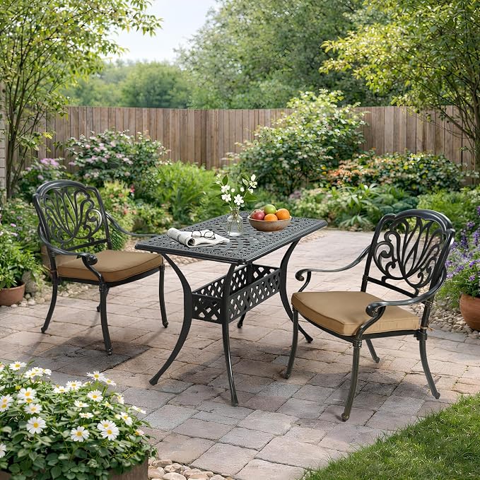 VIVIJASON 3 Piece Cast Aluminum Patio Bistro Set, Outdoor Dining Set with 42" x 24" Rectangular Table and 2 Cushioned Chairs, Rust Proof & Weather Resistant for Small Balcony, Porch, Garden, Deck