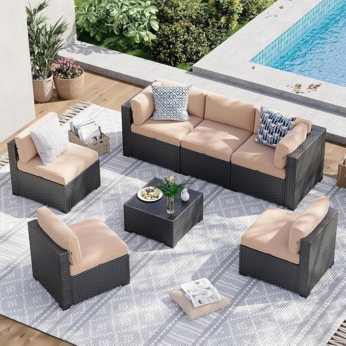 Aoxun 7 Piece Patio Furniture Set, Wicker Rattan Patio Sectional Sofa, Outdoor Furniture Set with Thickened Cushion, Beige