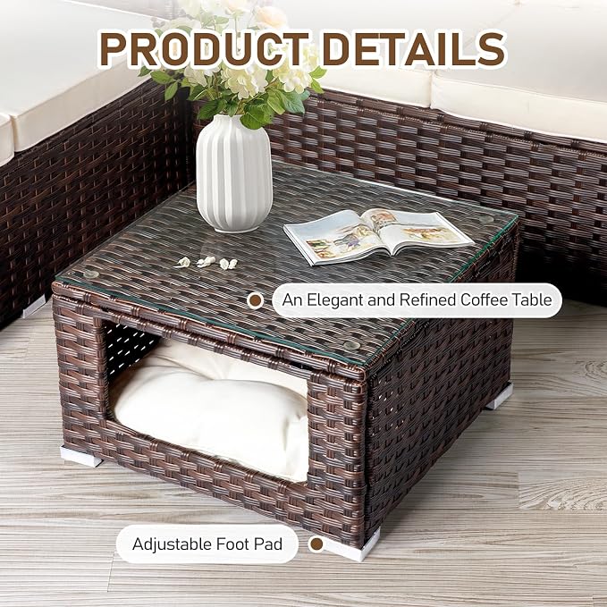 Outvita 4 Piece Outdoor Patio Furniture Set, PE Rattan Conversation Sofa Set, Wicker All-Weather Outside Furniture w/Glass Top Coffee Table with Pet Ped & Hidden Storage for Garden, Balcony (Brown)