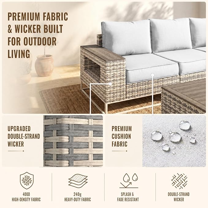 6-Piece Outdoor Patio Furniture Set, Gray PE Wicker Outdoor Sectional Sofa with Storage Armrests & 5.5" Thick Cushions, L-Shaped Couch for Deck, Porch, Backyard, Ivory White