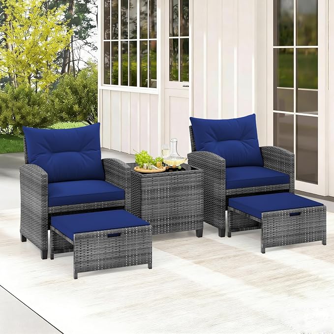 COSTWAY 5-Piece Rattan Conversation Set, Outdoor Wicker Sofa, Tempered Glass Coffee Table & Ottomans for Small Space, Boho Chic Indoor/Outdoor Furniture Set for Poolside, Backyard, Deck (Navy)