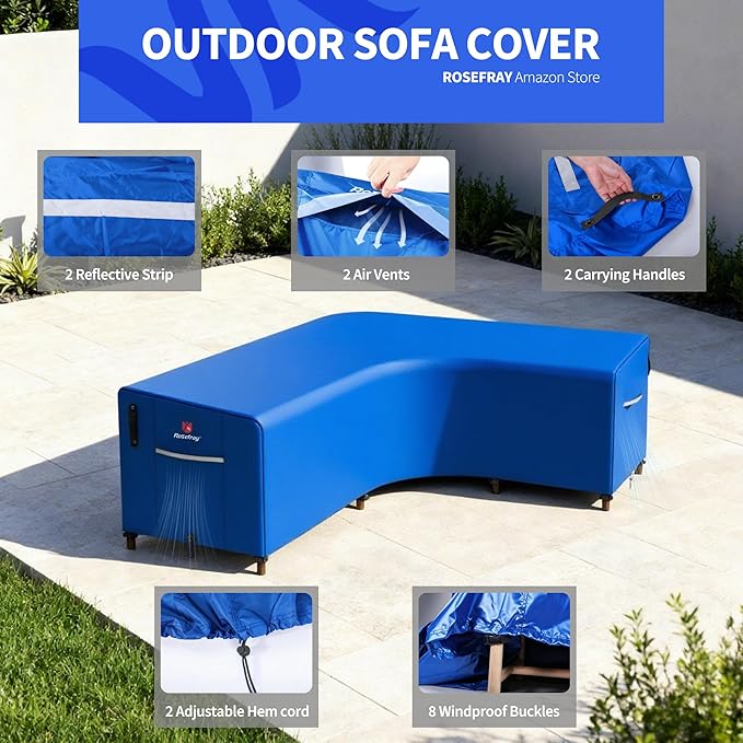 Rosefray 600D Outdoor L-Shaped Sectional Cover,Heavy Duty Anti UV Patio Sectional Sofa Cover with Air Vent, Waterproof Furniture Covers for Deck, Lawn,Backyard Right Facing 105''x85'' Blue