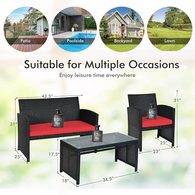 DORTALA 8 Pieces Patio Wicker Conversation Furniture Set, Outdoor Rattan Sofas with Bistro Sets with Coffee Table for Courtyard Balcony Wicker Chairs with Soft Cushion and Table, Red