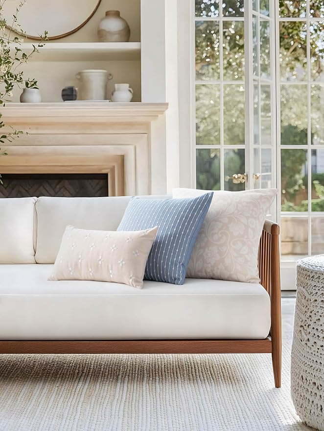 Coastal Linen Indoor Outdoor Lumbar Pillow Cover Only, 12"x20" Water Repellent for Patio, Backyard, Couch, Neutral Beige Small Squares