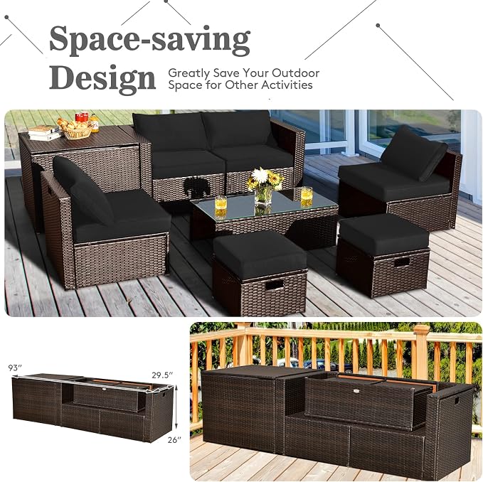 RELAX4LIFE 8-Piece Patio Furniture Set - PE Wicker Conversation Set w/Cushions, Pillows, Tempered Glass Table, Storage Box, Outdoor Sectional Sofa Set for Yard, Deck (Black)