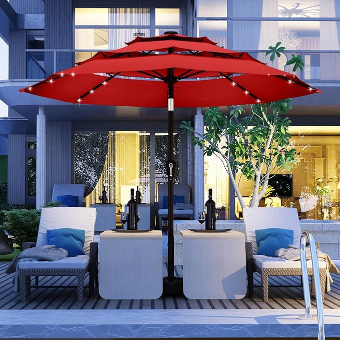 Kingdura 10ft 3-Tier Patio Umbrella with Solar Lights, Table Umbrella Outdoor Patio with Easy Crank & Tilt, 8 Sturdy Ribs, UV Protection, 32 LED Lights for Deck, Poolside, Market (Red)