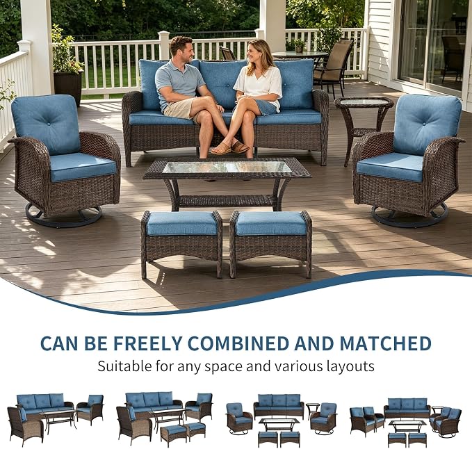 Outdoor Swivel Rocker Patio Chairs (Brown Wicker/Blue Cushion, 7PC/Sofa & Swivel &2 Table & Ottomans)