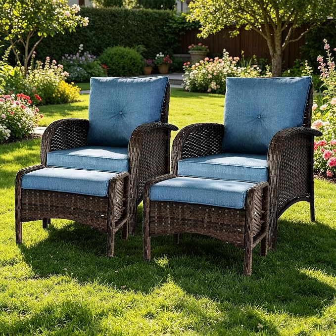 SHGJ&SOFT All Weather Patio Furniture Set, High Back Swivel Rocker Glider Chairs，Ottomans & Glass Tables, Outdoor Conversation Set for Deck Porch Yard Poolside (Blue, 4PCS-Chairs&Ottomans)