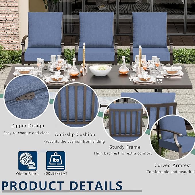 7 Piece Outdoor Dining Set for 6, Metal Patio Table and Chairs with Cushions, Patio Furniture Set with 6 Swivel Chairs, Rectangular Metal Dining Table with Umbrella Hole, Lawn Deck Yard-Navy