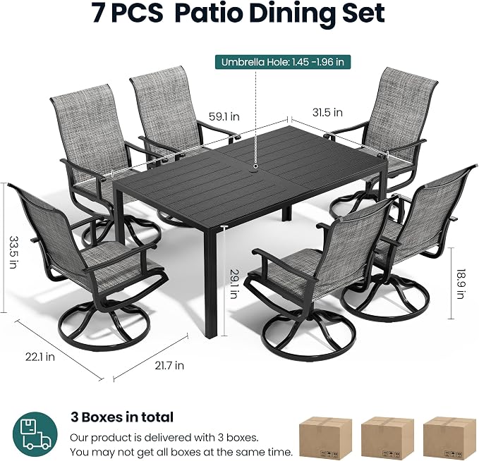 Pamapic 7-Piece Outdoor Dining Set, All Weather Patio Table and Chairs Set with Umbrella Hole, Wood-Like Table and 6 360° Swivel Textilene Chairs for Backyard, Poolside, Deck, Porch, Grey