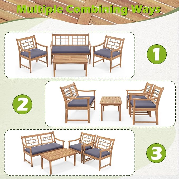 Tangkula 4 Piece Wood Patio Furniture Set, Outdoor Conversation Set w/Soft Seat Cushions, Solid Acacia Wood Frame, 2 Armchairs, Loveseat & Coffee Table Set for Backyard, Porch, Poolside