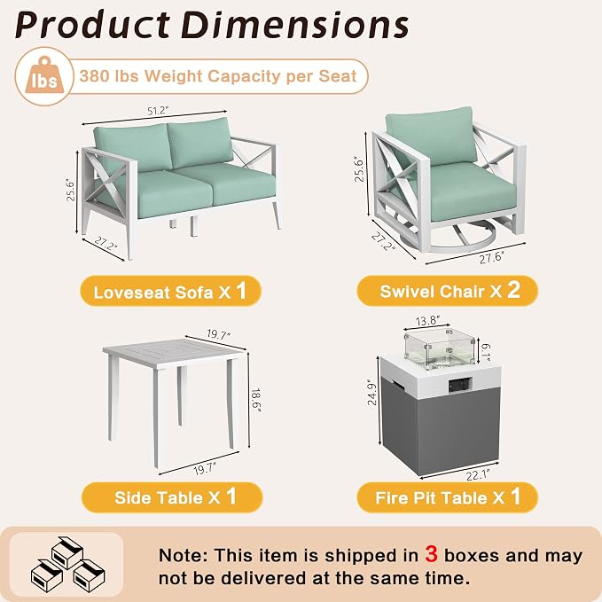 Aluminum Patio Furniture Set with Fire Pit Table, 6-Piece All-Weather Outdoor Conversation Set with Swivel Rocking Chairs, Oversized Modern Sofa for Backyard,Deck,Balcony–White