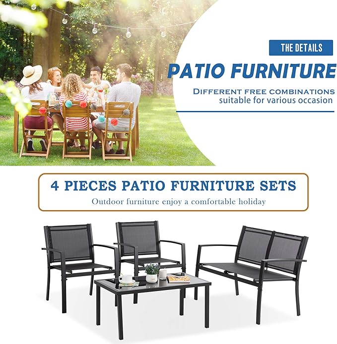 Vongrasig 4 Pieces Patio Furniture Sets, Outdoor Patio Conversation Sets with Glass Coffee Table for Garden, Backyard, Lawn, Poolside (Dark Grey)